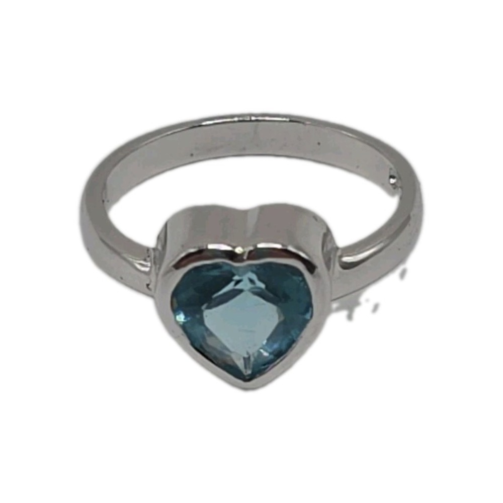 925 Sterling Silver Heart Light Blue Stone Ring Bezel Solitaire Thailand Size 5